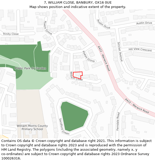 7, WILLIAM CLOSE, BANBURY, OX16 0UE: Location map and indicative extent of plot