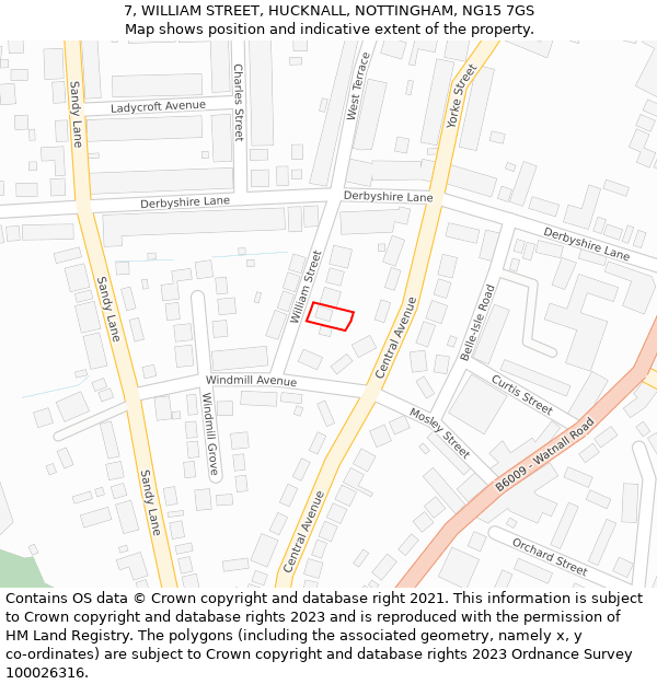 7, WILLIAM STREET, HUCKNALL, NOTTINGHAM, NG15 7GS: Location map and indicative extent of plot