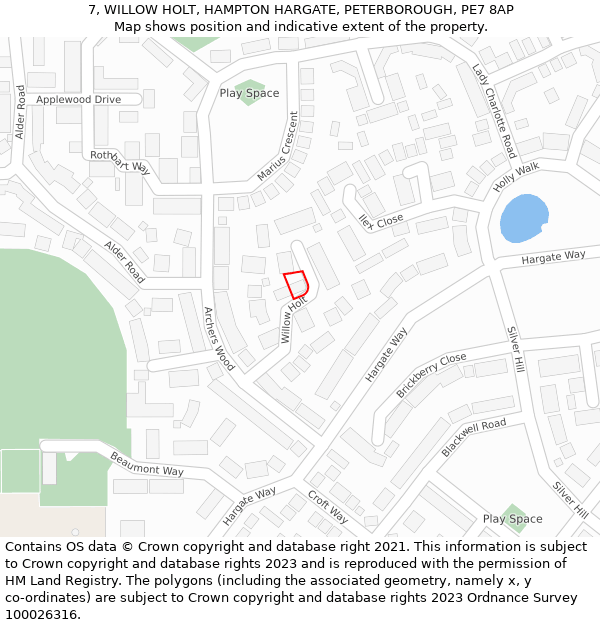 7, WILLOW HOLT, HAMPTON HARGATE, PETERBOROUGH, PE7 8AP: Location map and indicative extent of plot