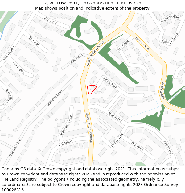 7, WILLOW PARK, HAYWARDS HEATH, RH16 3UA: Location map and indicative extent of plot