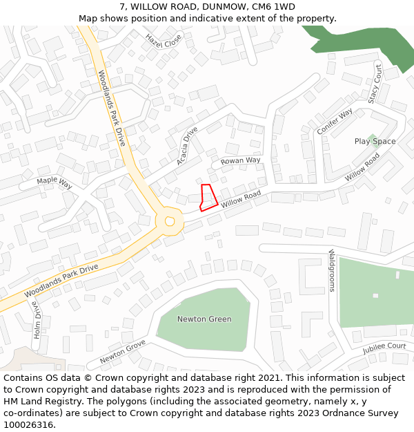 7, WILLOW ROAD, DUNMOW, CM6 1WD: Location map and indicative extent of plot