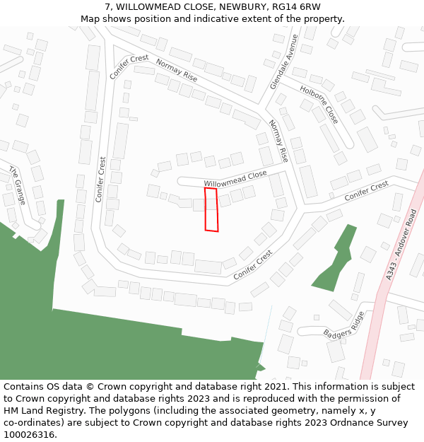 7, WILLOWMEAD CLOSE, NEWBURY, RG14 6RW: Location map and indicative extent of plot