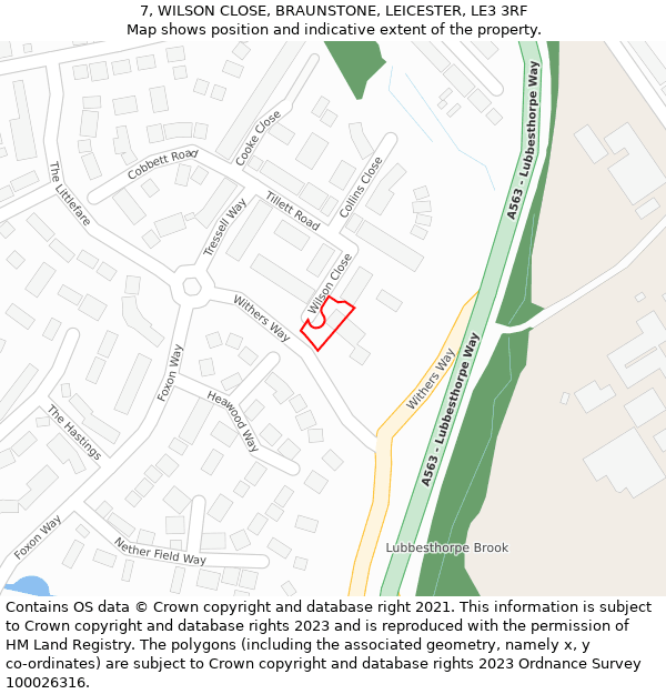 7, WILSON CLOSE, BRAUNSTONE, LEICESTER, LE3 3RF: Location map and indicative extent of plot