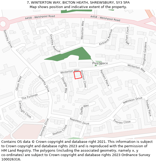 7, WINTERTON WAY, BICTON HEATH, SHREWSBURY, SY3 5PA: Location map and indicative extent of plot