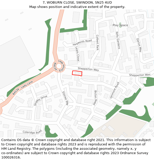 7, WOBURN CLOSE, SWINDON, SN25 4UD: Location map and indicative extent of plot