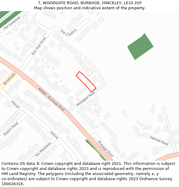 7, WOODGATE ROAD, BURBAGE, HINCKLEY, LE10 2UF: Location map and indicative extent of plot