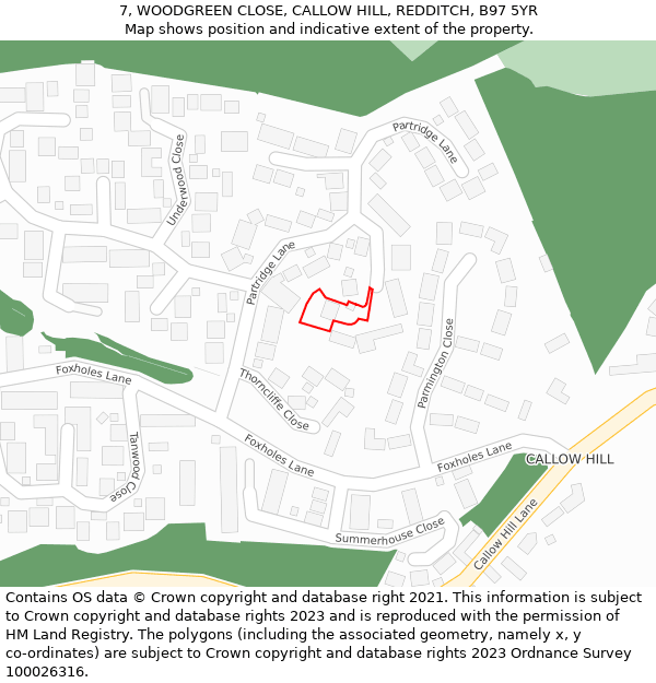 7, WOODGREEN CLOSE, CALLOW HILL, REDDITCH, B97 5YR: Location map and indicative extent of plot