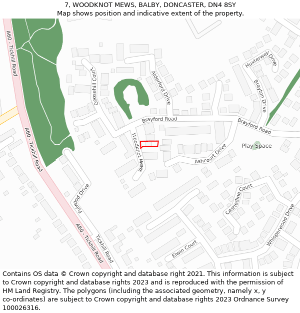 7, WOODKNOT MEWS, BALBY, DONCASTER, DN4 8SY: Location map and indicative extent of plot