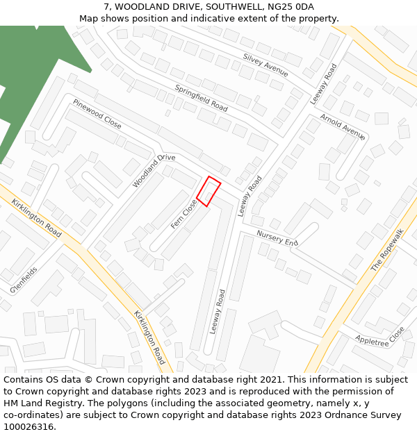 7, WOODLAND DRIVE, SOUTHWELL, NG25 0DA: Location map and indicative extent of plot