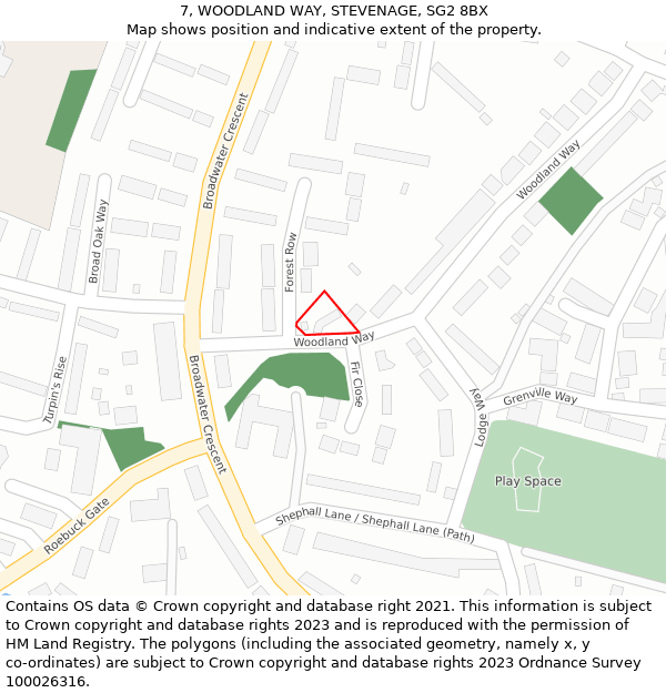 7, WOODLAND WAY, STEVENAGE, SG2 8BX: Location map and indicative extent of plot