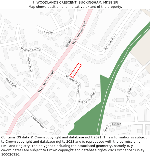 7, WOODLANDS CRESCENT, BUCKINGHAM, MK18 1PJ: Location map and indicative extent of plot