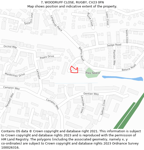 7, WOODRUFF CLOSE, RUGBY, CV23 0FN: Location map and indicative extent of plot