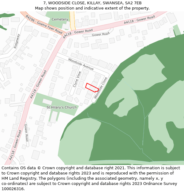 7, WOODSIDE CLOSE, KILLAY, SWANSEA, SA2 7EB: Location map and indicative extent of plot