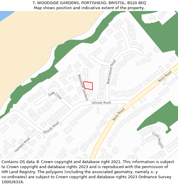 7, WOODSIDE GARDENS, PORTISHEAD, BRISTOL, BS20 8EQ: Location map and indicative extent of plot