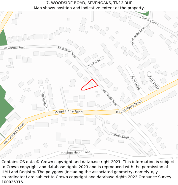 7, WOODSIDE ROAD, SEVENOAKS, TN13 3HE: Location map and indicative extent of plot