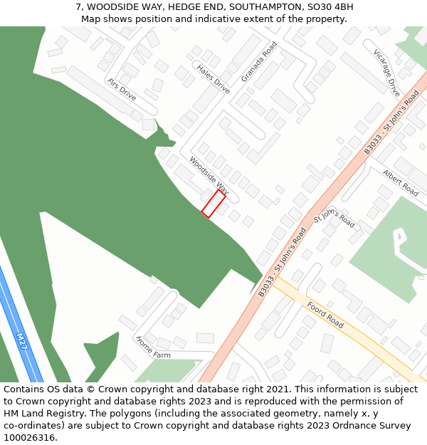 7, WOODSIDE WAY, HEDGE END, SOUTHAMPTON, SO30 4BH: Location map and indicative extent of plot