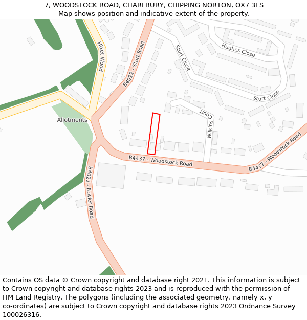 7, WOODSTOCK ROAD, CHARLBURY, CHIPPING NORTON, OX7 3ES: Location map and indicative extent of plot