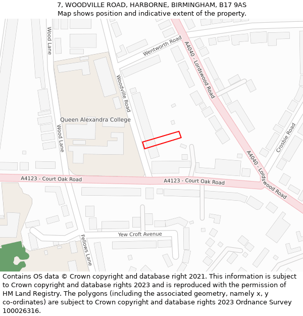 7, WOODVILLE ROAD, HARBORNE, BIRMINGHAM, B17 9AS: Location map and indicative extent of plot