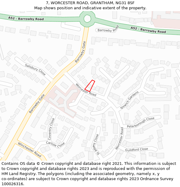7, WORCESTER ROAD, GRANTHAM, NG31 8SF: Location map and indicative extent of plot