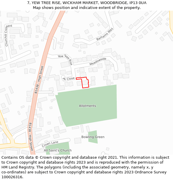 7, YEW TREE RISE, WICKHAM MARKET, WOODBRIDGE, IP13 0UA: Location map and indicative extent of plot
