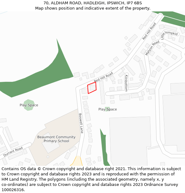 70, ALDHAM ROAD, HADLEIGH, IPSWICH, IP7 6BS: Location map and indicative extent of plot