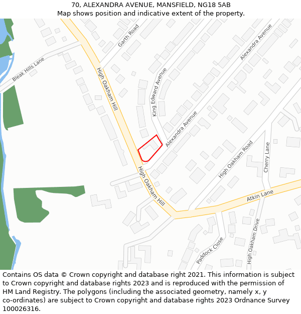 70, ALEXANDRA AVENUE, MANSFIELD, NG18 5AB: Location map and indicative extent of plot