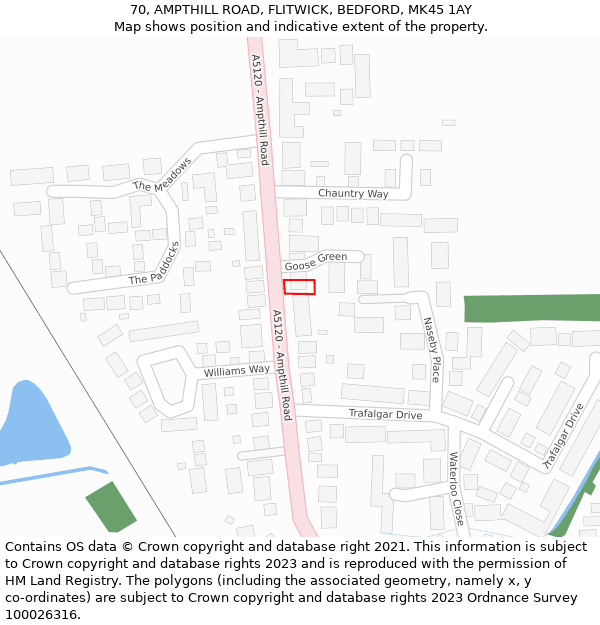 70, AMPTHILL ROAD, FLITWICK, BEDFORD, MK45 1AY: Location map and indicative extent of plot