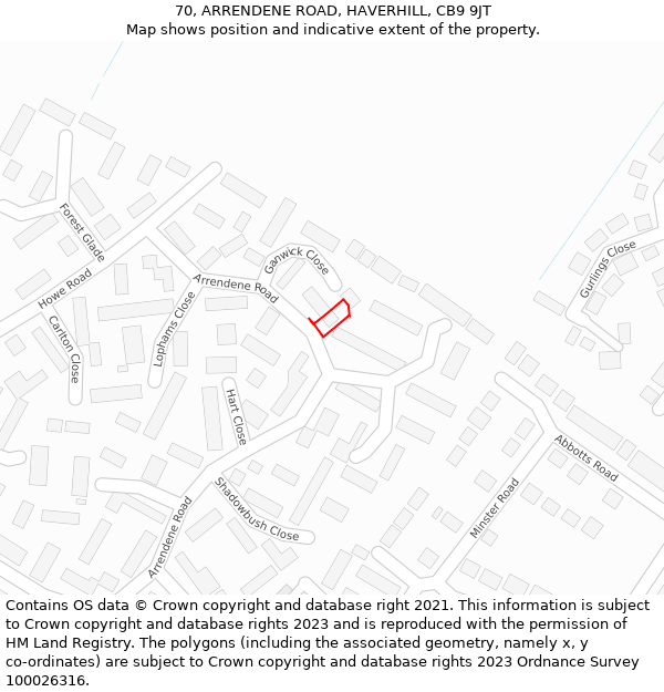 70, ARRENDENE ROAD, HAVERHILL, CB9 9JT: Location map and indicative extent of plot