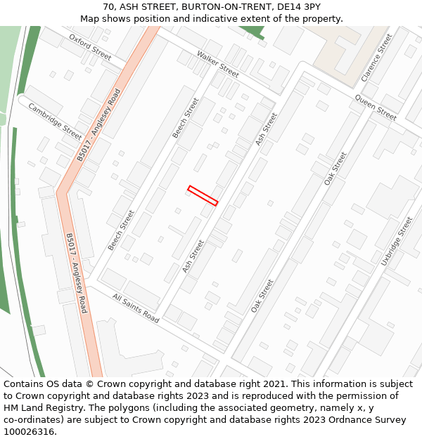 70, ASH STREET, BURTON-ON-TRENT, DE14 3PY: Location map and indicative extent of plot