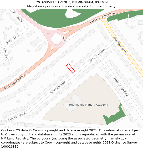 70, ASHVILLE AVENUE, BIRMINGHAM, B34 6LN: Location map and indicative extent of plot