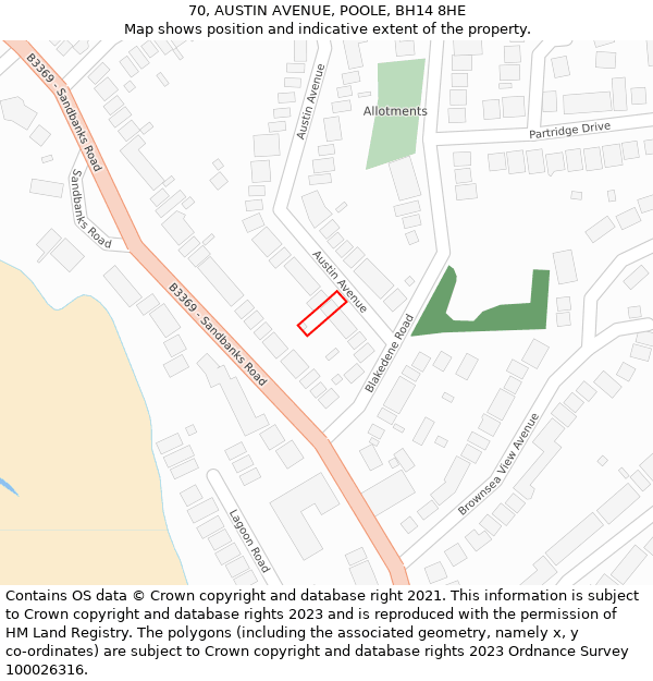 70, AUSTIN AVENUE, POOLE, BH14 8HE: Location map and indicative extent of plot