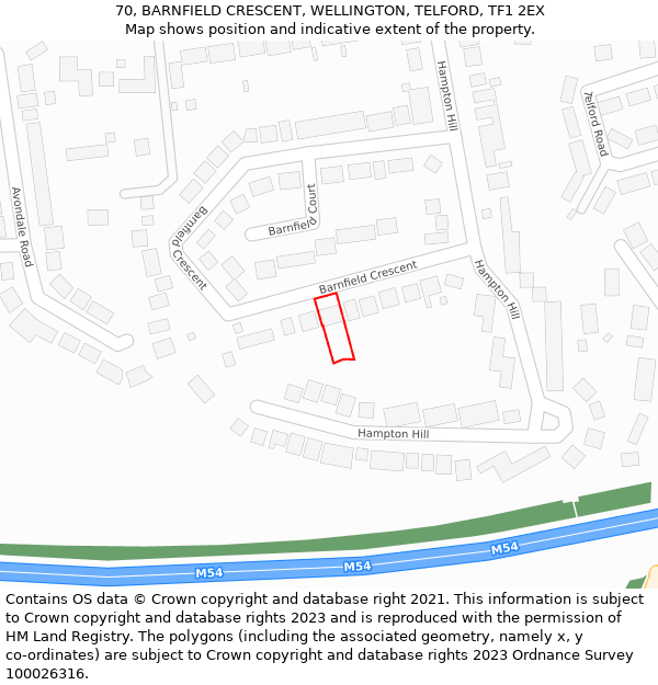 70, BARNFIELD CRESCENT, WELLINGTON, TELFORD, TF1 2EX: Location map and indicative extent of plot