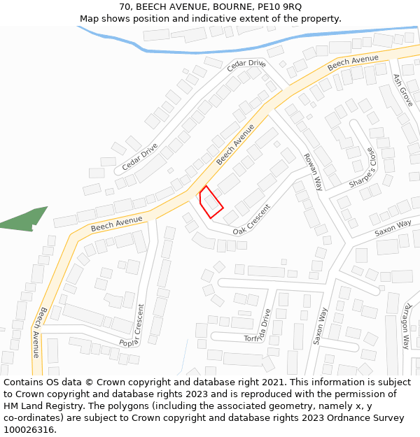 70, BEECH AVENUE, BOURNE, PE10 9RQ: Location map and indicative extent of plot