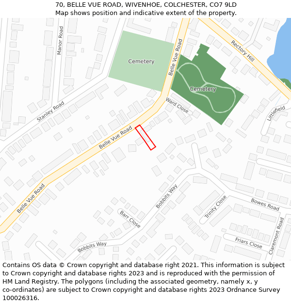 70, BELLE VUE ROAD, WIVENHOE, COLCHESTER, CO7 9LD: Location map and indicative extent of plot