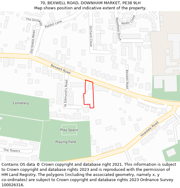 70, BEXWELL ROAD, DOWNHAM MARKET, PE38 9LH: Location map and indicative extent of plot