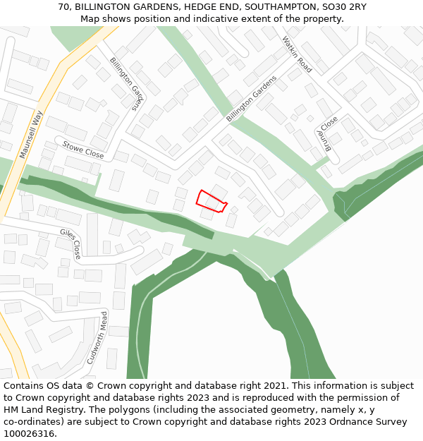 70, BILLINGTON GARDENS, HEDGE END, SOUTHAMPTON, SO30 2RY: Location map and indicative extent of plot