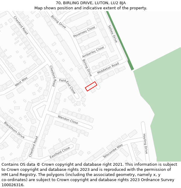 70, BIRLING DRIVE, LUTON, LU2 8JA: Location map and indicative extent of plot