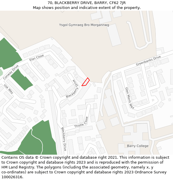 70, BLACKBERRY DRIVE, BARRY, CF62 7JR: Location map and indicative extent of plot