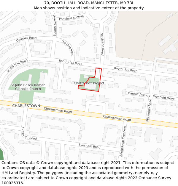 70, BOOTH HALL ROAD, MANCHESTER, M9 7BL: Location map and indicative extent of plot