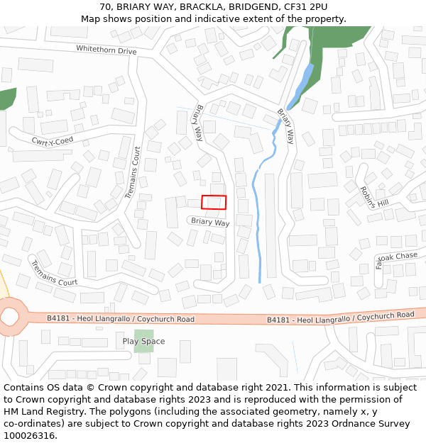 70, BRIARY WAY, BRACKLA, BRIDGEND, CF31 2PU: Location map and indicative extent of plot