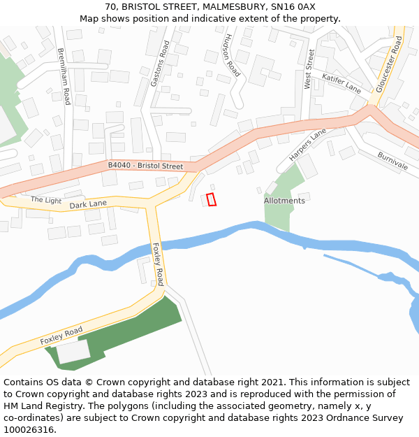 70, BRISTOL STREET, MALMESBURY, SN16 0AX: Location map and indicative extent of plot