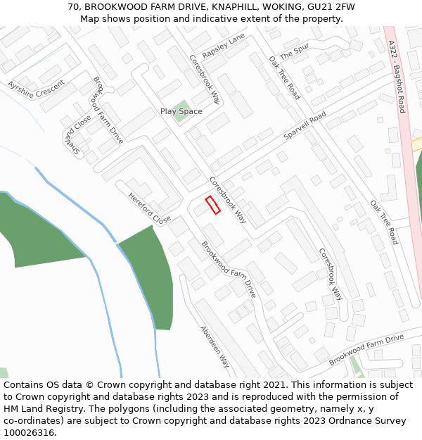 70, BROOKWOOD FARM DRIVE, KNAPHILL, WOKING, GU21 2FW: Location map and indicative extent of plot