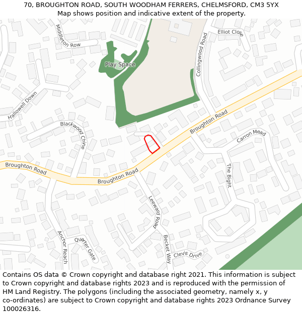 70, BROUGHTON ROAD, SOUTH WOODHAM FERRERS, CHELMSFORD, CM3 5YX: Location map and indicative extent of plot