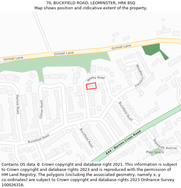 70, BUCKFIELD ROAD, LEOMINSTER, HR6 8SQ: Location map and indicative extent of plot