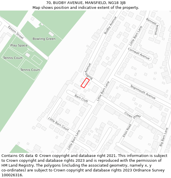 70, BUDBY AVENUE, MANSFIELD, NG18 3JB: Location map and indicative extent of plot