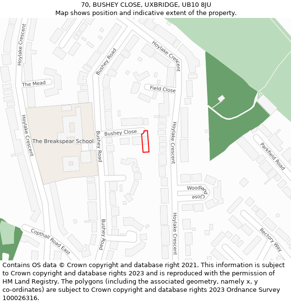 70, BUSHEY CLOSE, UXBRIDGE, UB10 8JU: Location map and indicative extent of plot