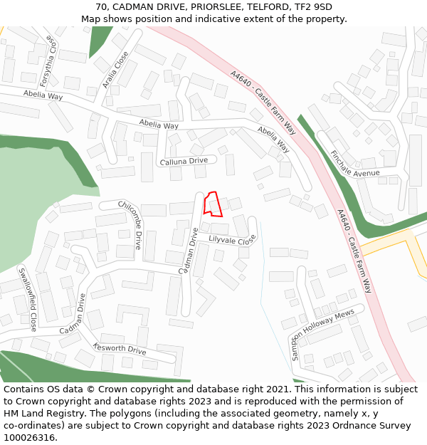 70, CADMAN DRIVE, PRIORSLEE, TELFORD, TF2 9SD: Location map and indicative extent of plot