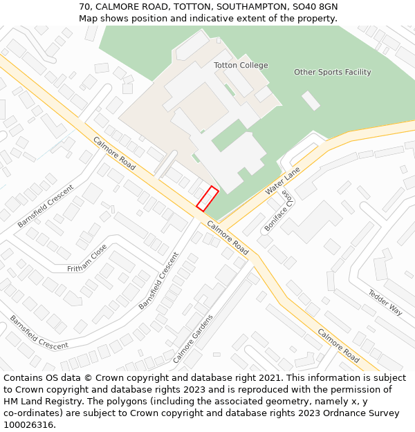 70, CALMORE ROAD, TOTTON, SOUTHAMPTON, SO40 8GN: Location map and indicative extent of plot