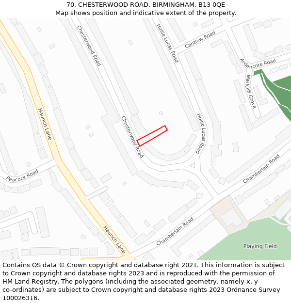 70, CHESTERWOOD ROAD, BIRMINGHAM, B13 0QE: Location map and indicative extent of plot
