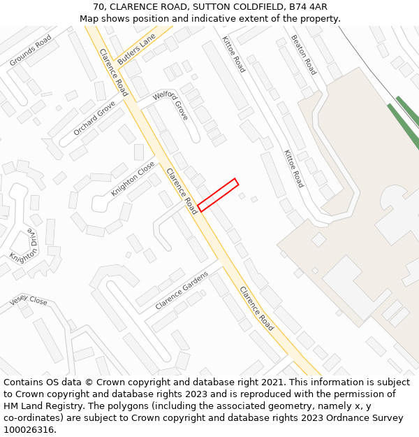 70, CLARENCE ROAD, SUTTON COLDFIELD, B74 4AR: Location map and indicative extent of plot